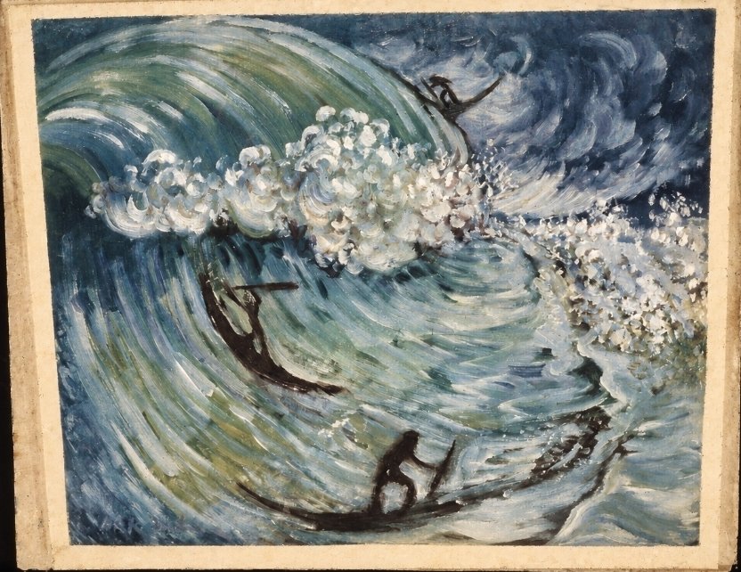 Fishermen in boats on a great wave