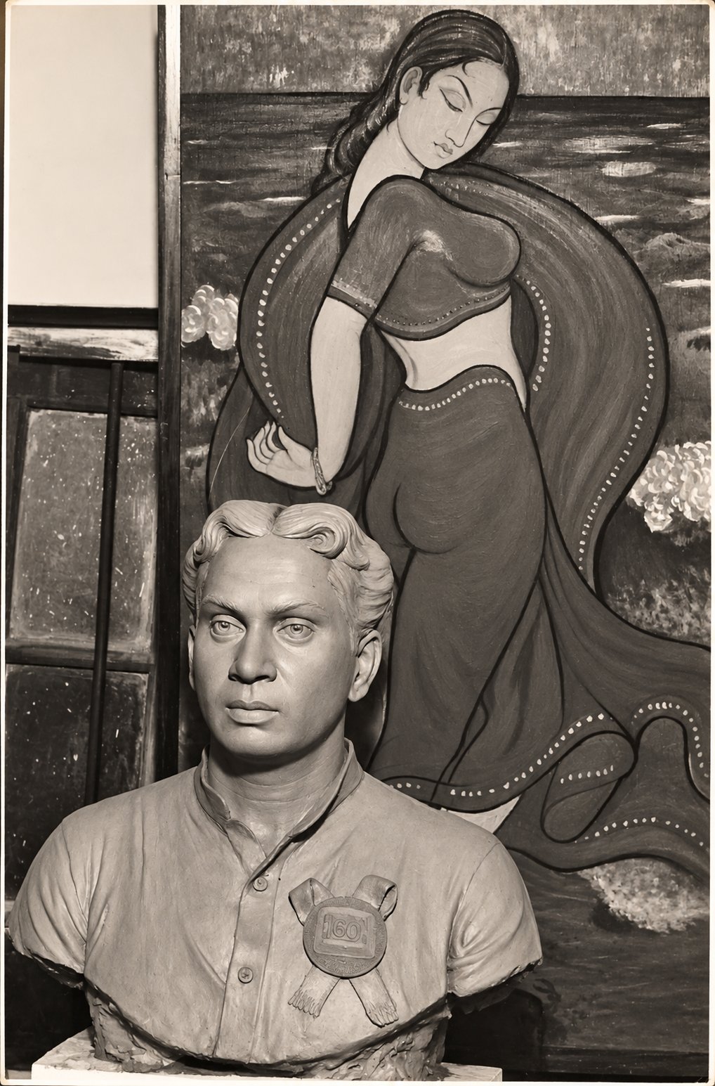 Finished bust of ANR (Akkineni Nageswara Rao), with one of Ancha's paintings behind it