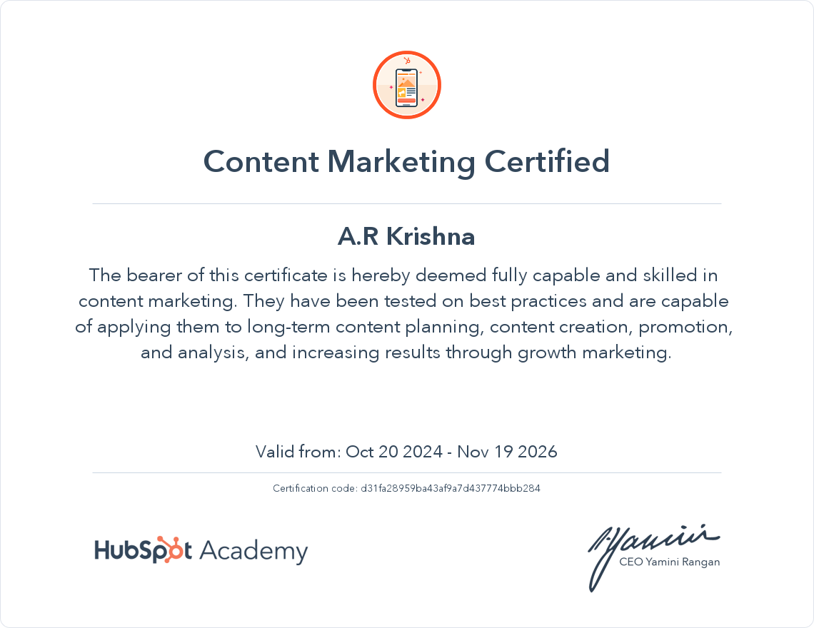 Hubspot Content Marketing certification